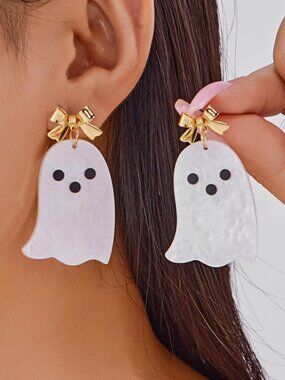 Halloween Ghost Earrings with Gold Bow, Cute Spooky Acrylic Dangle Earrings